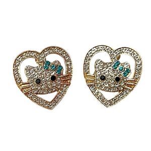 Hello Kitty Crystal Heart Blue Bow Gold Stud Earrings